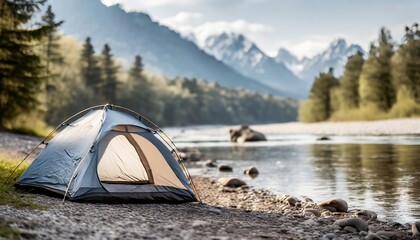 Amazing mountain landscape: tent on the shore. small river meanders through the valley. sunny day perfect for hiking and exploring nature. travel and nature concept. ai generated. 