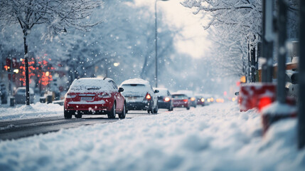 snow on a city road with car traffic. ai generative