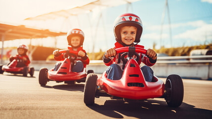 Children racing on kart cars, sunny day. ai generative - obrazy, fototapety, plakaty