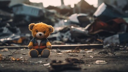 A teddy bear sitting in a pile of rubble, AI