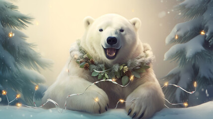 cheerful polar bear sits wrapped in a Christmas garland. ai generative - obrazy, fototapety, plakaty