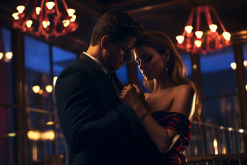 A couple on their anniversary dancing in a restaurant bar at night wearing formal clothes suit and dress.