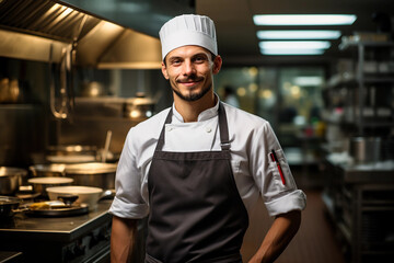 Professional chef portrait in a high-end kitchen, stainless steel appliances