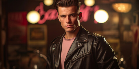 Retro-inspired studio portrait of a man in a leather jacket, classic 1950s greaser look, slicked-back hair, neon sign in the background