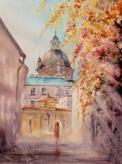 Autumn watercolors painting of Poselska Street in Krakow, Poland. - 682524092