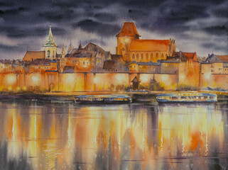 Beautiful urban night landscape. The old buildings of the Polish city of Torun on the Vistula River. Watercolors painting. - obrazy, fototapety, plakaty