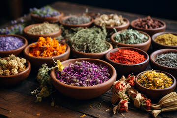 Assortment of colorful medicinal herbs lying on a wooden table. ai generative - obrazy, fototapety, plakaty