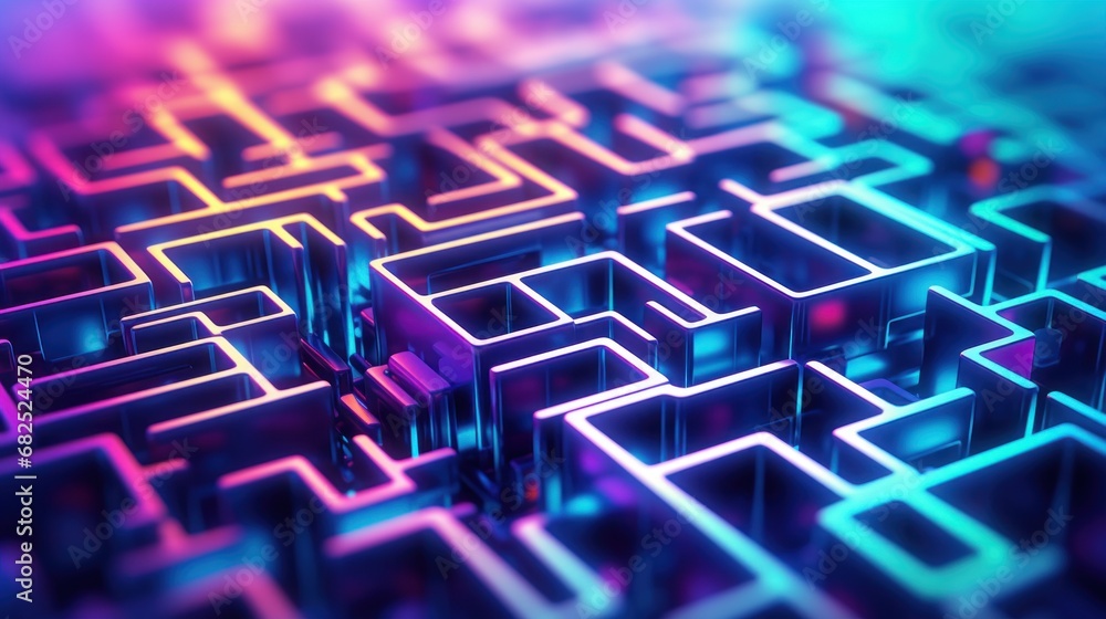 Poster abstract 3d image of a maze with many different colored lights, ai