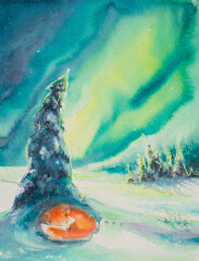 Winter landscape with sleeping fox and aurora borealis in the background. Picture created with watercolors. - 682524412