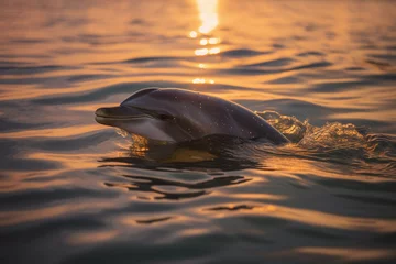 Raamstickers Portrait of a dolphin looking out of the water, into the sea at sunset. © Olga