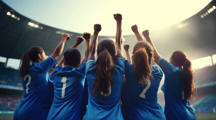 a group of girls in a sports soccer team rejoice over a victory or a goal scored at the stadium. ai generative