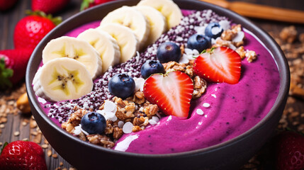 Acai bowl with granola, chia seeds, banana and wild berries for a healthy and satisfying treat. Bright purple acai is framed by crunchy granola and tender chia seeds flavored with notes of the exotic.