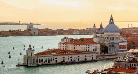 Panoramic view of Grand Canal with gondola and Basilica Santa Maria Della Salute, Venice, Italy - obrazy, fototapety, plakaty