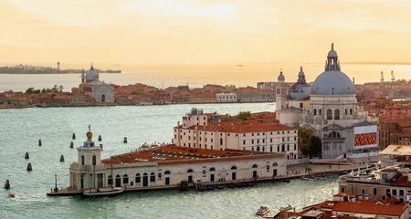 Foto auf Glas Panoramic view of Grand Canal with gondola and Basilica Santa Maria Della Salute, Venice, Italy © eplisterra