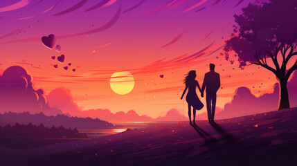 Silhouettes of a couple on a sunset stroll, creating a warm and loving scene with heart-shaped balloons in the sky.