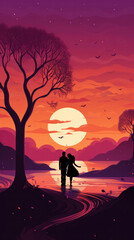 A couple shares a serene moment by a lake under a moonlit sky, framed by the silhouettes of trees.