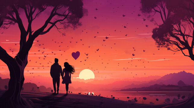 A couple enjoys a romantic walk under a sunset sky dotted with hearts, conveying a scene of love and endearment.
