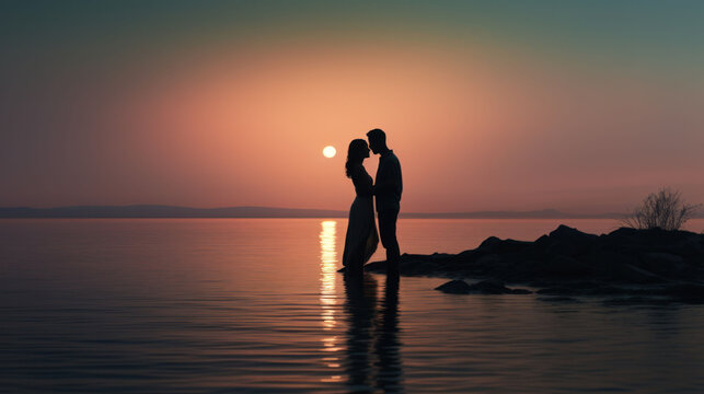 Silhouettes of a couple sharing a tender moment by the sea at twilight, with a soft glow on the horizon.