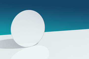 Round mirror on a blue gradient background, trendy minimalistic background, horizontal, copy space