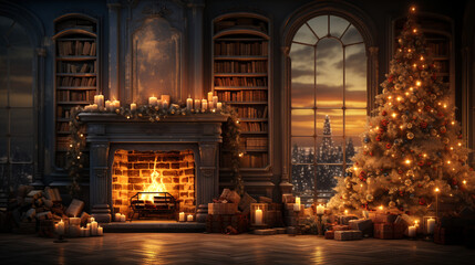 christmas tree in front of fireplace