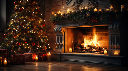 fireplace with christmas decorations
