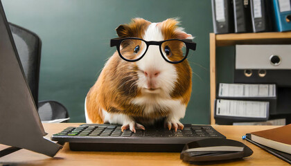  Guinea pig wearing glasses sitting on desk looking at computer screen. office work concept  ,ai generated