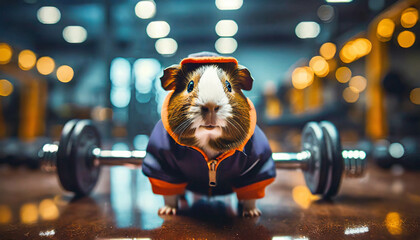 Fitness concept. Guinea pig wearing sports outfit in training gym  ,ai generated