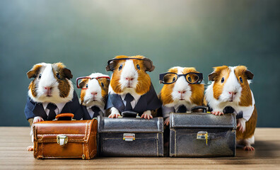 Job interview business concept. Competitors wearing suits sitting in line, waiting. Guinea Pigs    ,ai generated - 682526460