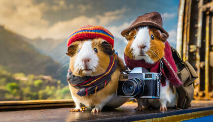 Travel concept. Guinea pig couple waering hat and backpack with camera travel together  ,ai generated - obrazy, fototapety, plakaty