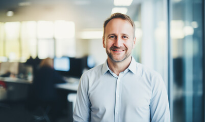 Portrait of a cheerful male businessman manager of a technology company in a bright modern office space.