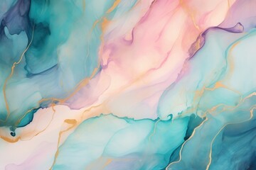 Abstract pastel liquid watercolor background with golden lines. Pastel marble alcohol ink drawing. - obrazy, fototapety, plakaty