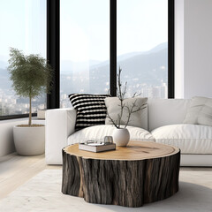 Tree stump accent coffee table near white sofa with black pillows against window. Minimalist home interior design of modern living room.