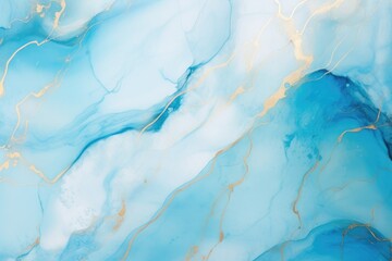 Abstract blue liquid watercolor background with golden lines. Pastel marble alcohol ink drawing.
