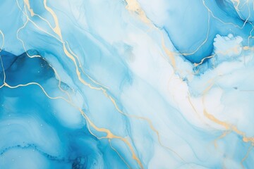 Obraz premium Abstract blue liquid watercolor background with golden lines. Pastel marble alcohol ink drawing.