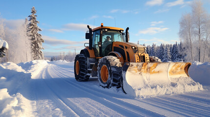 winter snow removal on the road with a bulldozer. ai generative - obrazy, fototapety, plakaty