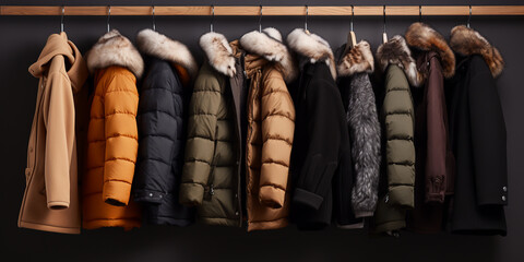 Naklejka premium winter coats and jackets on a hanger. ai generative
