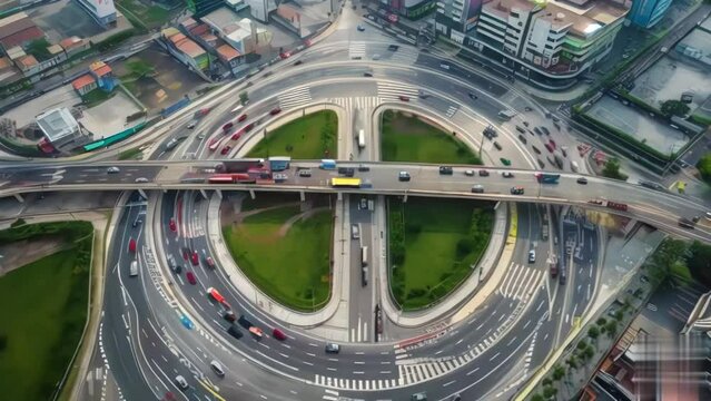4K, Aerial view Time lapse of of Circle intersection expressway, motorway and highway. Generative ai animation