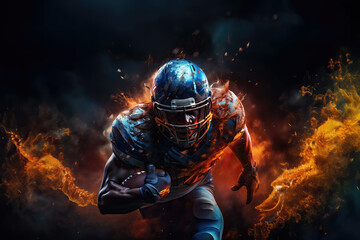 American football player running with the ball in fire. Team spirit, overcoming, equality and tolerance concept in the sport. - obrazy, fototapety, plakaty