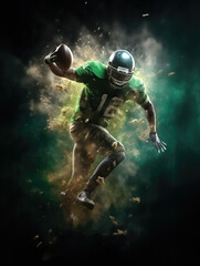 Fototapeta na wymiar American football player jumping in the air with the ball. Team spirit, overcoming, equality and tolerance concept in the sport.