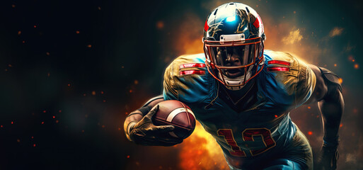 American football player running with the ball in dynamic action. Team spirit, overcoming, equality and tolerance concept in the sport. Copy space for text, banner or design. - obrazy, fototapety, plakaty