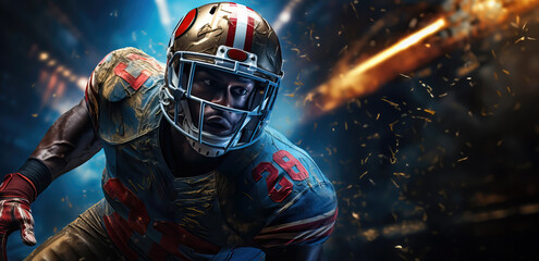 American football player in dynamic action at stadium with lights in the background. Team spirit, overcoming, equality and tolerance concept in the sport. Copy space for text, banner or design - obrazy, fototapety, plakaty