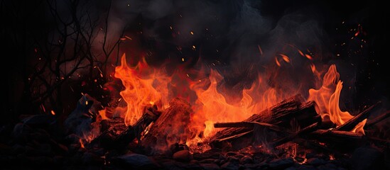 In the black of the night, red flames danced and crackled, casting a warm glow amidst the darkness. The campfire spat sparks, leaving soot and ash on the logs as the fire grew hotter.