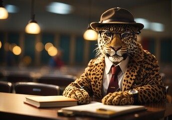 Leopard become teacher, wearing glasses and hat, inside clssroom - obrazy, fototapety, plakaty