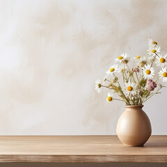Fototapeta na wymiar Wooden table with beige clay vase with bouquet of chamomile flowers near empty, blank white wall. Home interior background with copy space.
