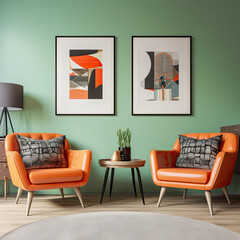Green sofa and orange chairs against wall with poster frame. Mid-century, vintage, retro style home interior design of modern living room.