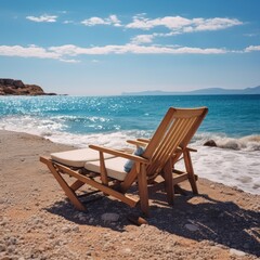 Fototapeta na wymiar Wooden deck chair on the beach near the sea. Vacation concept. Seashore. Two Beach Chairs on Seashore. Deckchair.