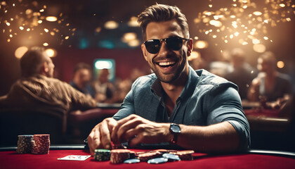 Happy man in the casino takes his wins with sparkles on the background