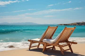 Fototapeta na wymiar Wooden deck chairs on the beach. Seashore. Two Beach Chairs on Seashore. Deckchair.