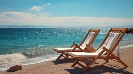 Fototapeta na wymiar Beach chair on the sand near the sea. Vacation concept. Seashore. Two Beach Chairs on Seashore. Deckchair.