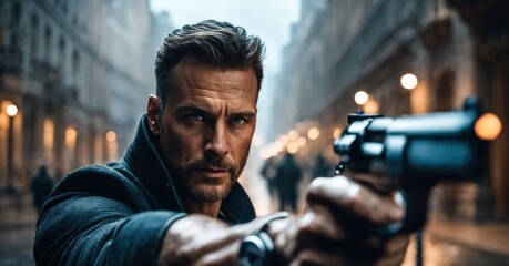 Gangster aimed gun at camera. A thief pointing gun at target. Shallow depth of focus action portrait of serious and attractive hitman detective or special agent man in shirt and jacket holding handgun - obrazy, fototapety, plakaty
